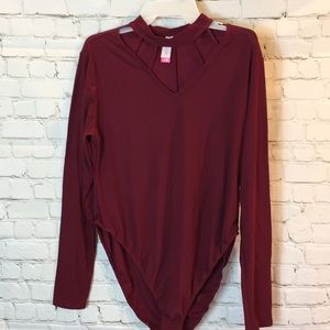 NWT No Boundaries Burgundy Bodysuit Cage Accent at Neck XL